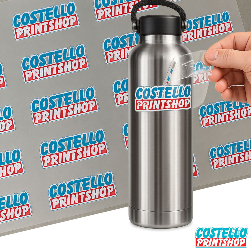 Custom UV DTF transfer being applied to a stainless steel water bottle with a full-color business logo.