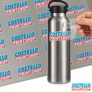 Custom UV DTF transfer being applied to a stainless steel water bottle with a full-color business logo.
